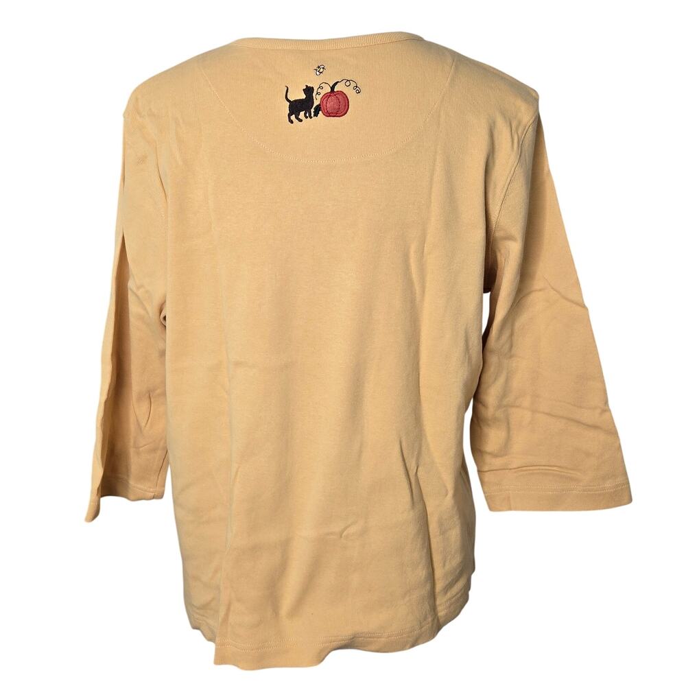 Christopher & Banks Fall Pumpkins Cat Top 3/4 Sleeve Yellow Embroidered Size XL - Picture 5 of 11